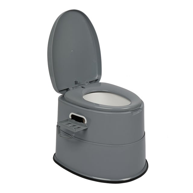 Toilettes portables grises avec tapis antidérapant, légères et compactes pour le camping, les activités de plein air et les situations d'urgence.