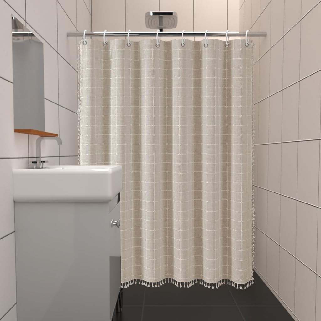Rideau de Douche Bohème à Carreaux 90x180 cm – Lin et Polyester, Pompons Décoratifs, 12 Crochets Offerts - 2