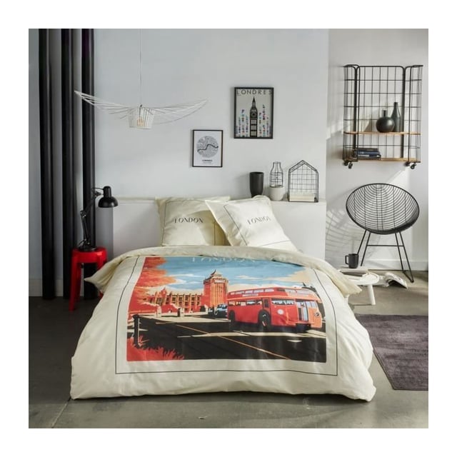 Parure de lit - TODAY - JAVA - 2 personnes - 240x220 cm - Coton - Imprimé London - Blanc cassé