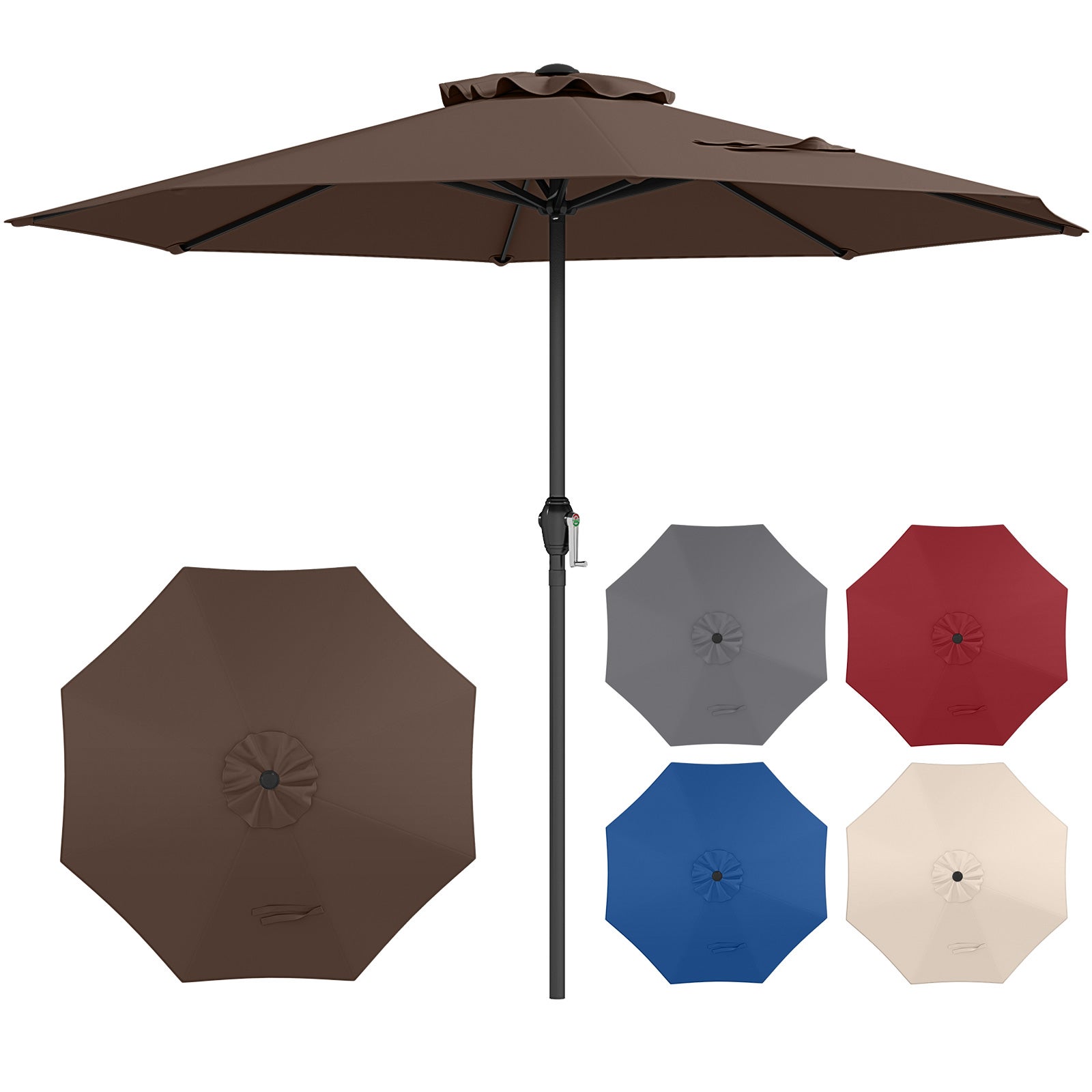 Parasol ogrodowy, parasol tarasowy z 8 solidnymi żebrami, wentylowanym dachem, ochroną przeciwsłoneczną, metalową ramą, brązowy