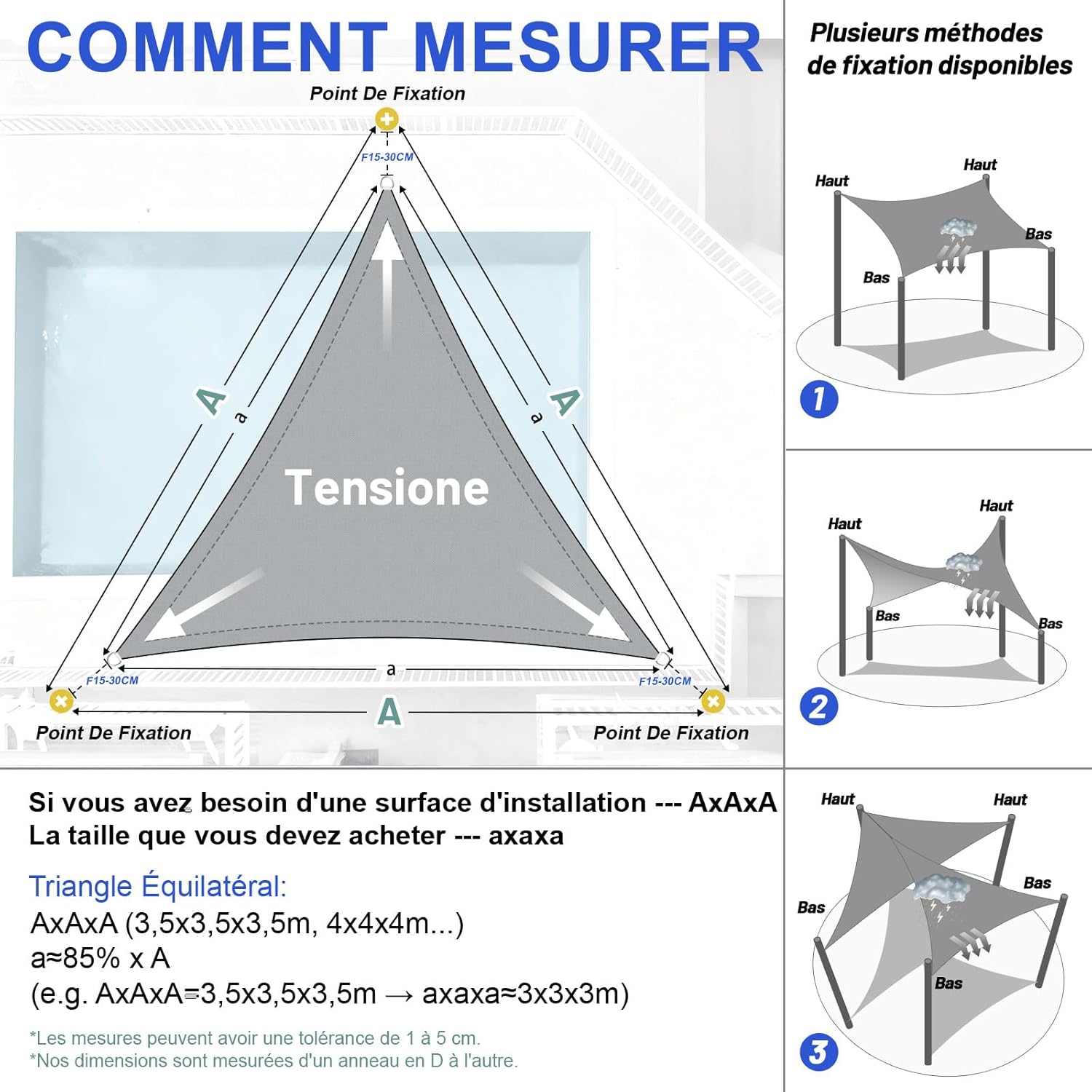 Voile d'ombrage Triangulaire Imperméable 3x3x3m Toile Ombrage PES avec 95% UV Protection pour Patio Extérieur Jardin Terrasse, Gris - 4