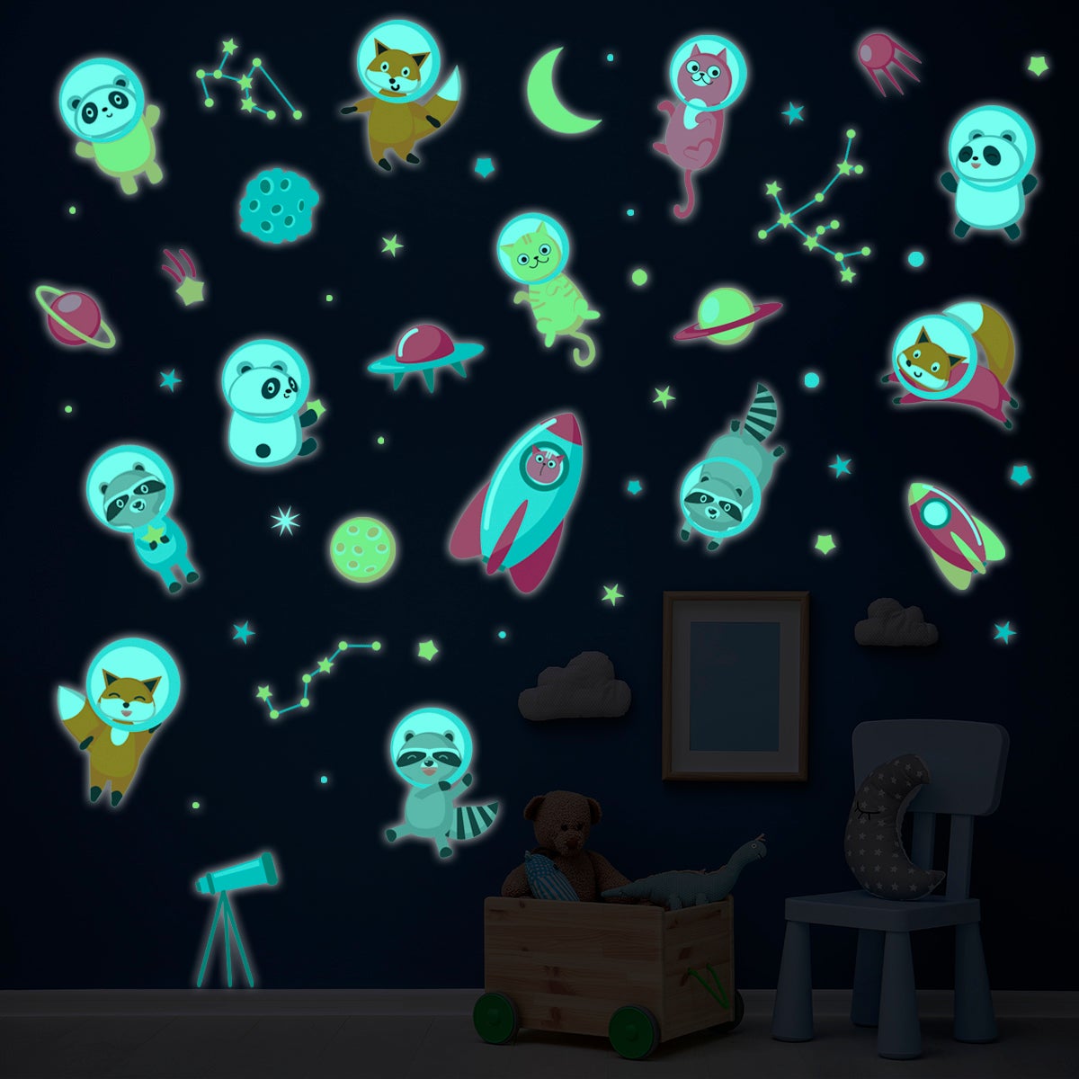 Adesivi fosforescente animali astronauti nello spazio - Sticker adesivo - adesivi murali - 135x100cm - 6