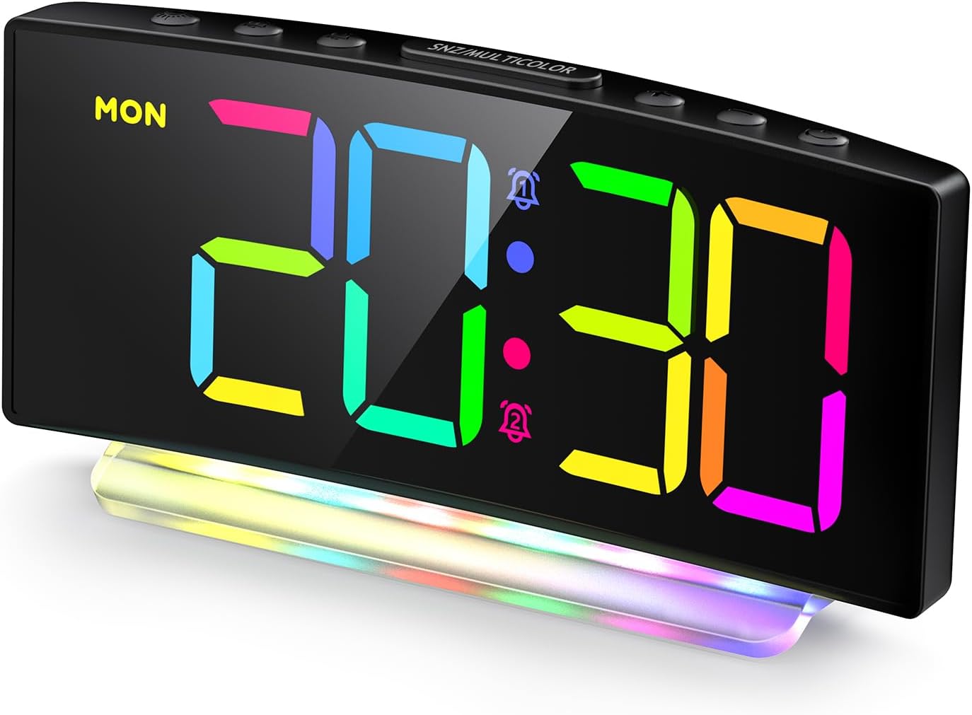 Zakrzywiony cyfrowy budzik LED ze światłem RGB, podwójny alarm, 12/24H, regulowana jasność (adapter w zestawie)