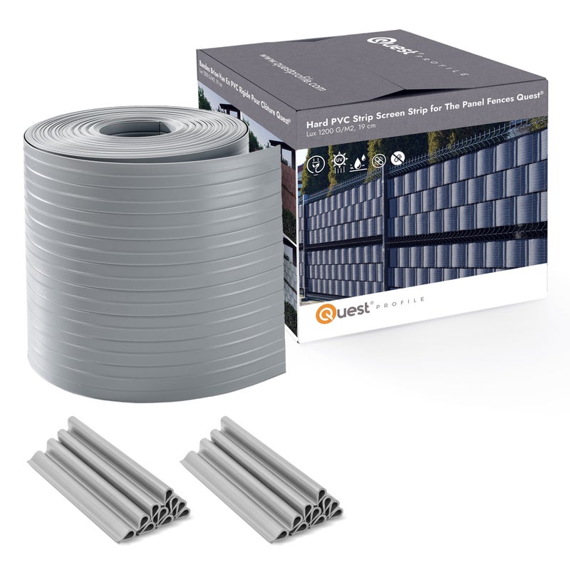 QUEST Taśma ogrodzeniowa PCV 19cm, listwa do ogrodzeń panelowych premium, 900 g/m2, RAL 7040, szary, 26 m + 20 x klipsy