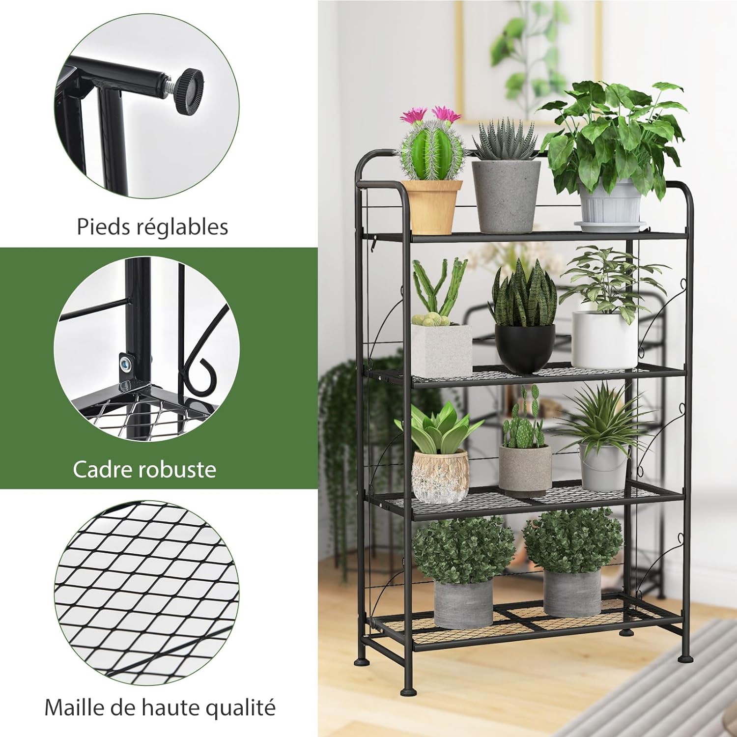 Support de Plantes Pliable à 4 Niveaux en Métal, 60 x 25 x 100 cm, Noir - 4