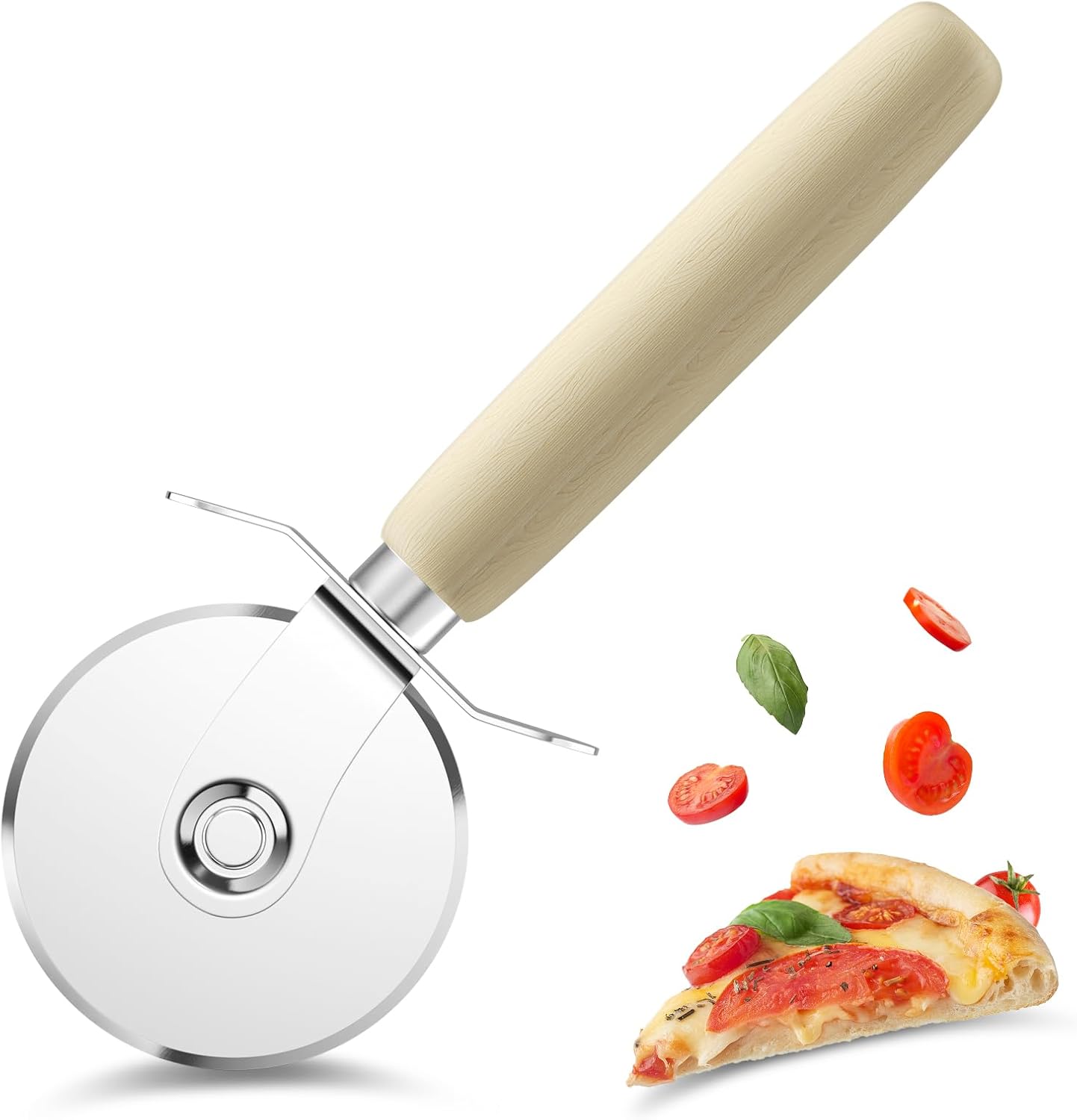 Krajalnica do pizzy 17,5 cm ze stali nierdzewnej z drewnianą rączką, nóż do pizzy do tart, ciast, gofrów, naleśników i herbatników
