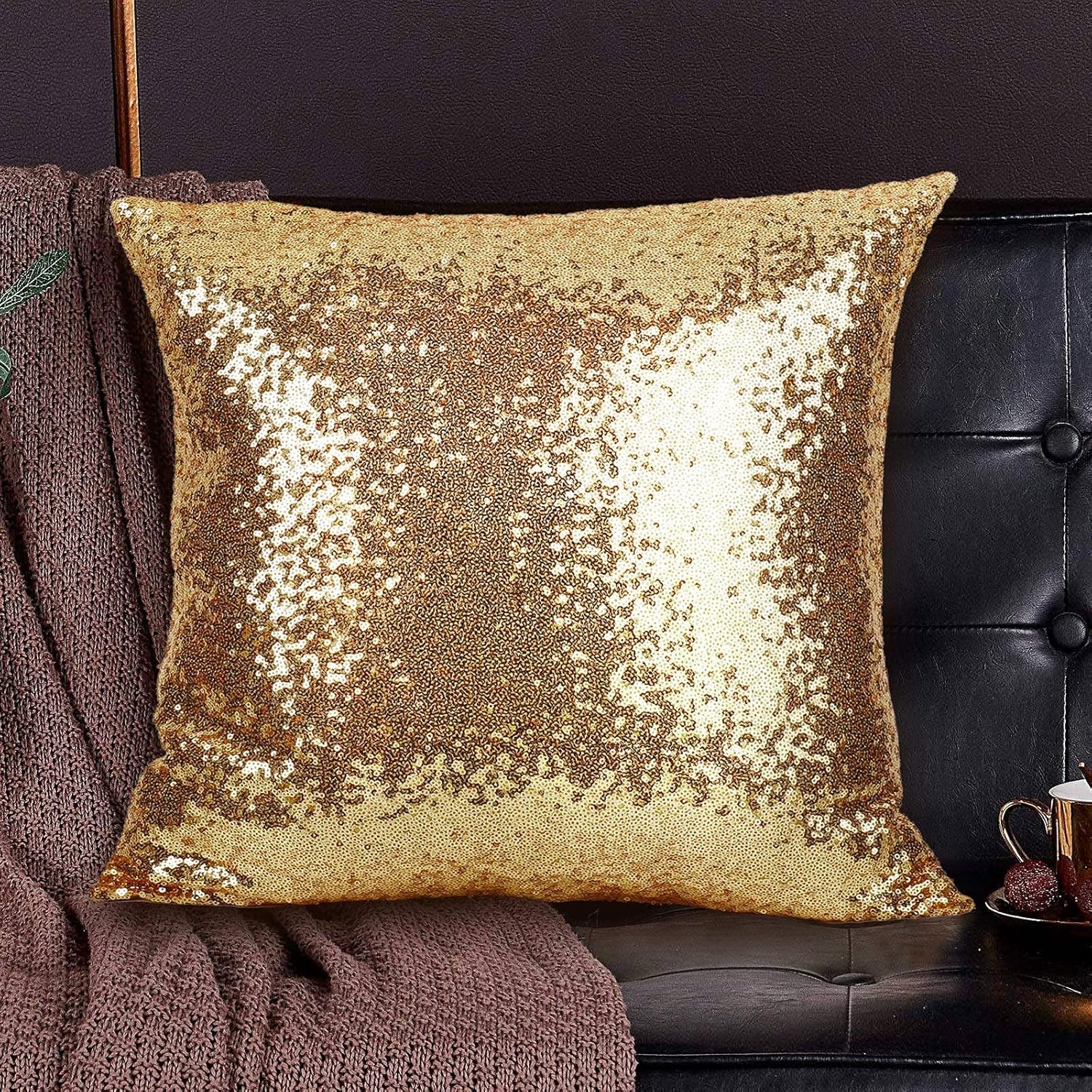 2 coussins décoratifs à paillettes dorées, 45 x 45 cm, housses de coussin carrées en tissu uni à paillettes, fermeture éclair invisible - 7