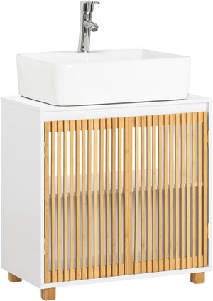 Meuble De Lavabo En Bambou SogesPower - Meuble Bas Salle De Bain Avec Portes, Étagères Et Rangement Pratique