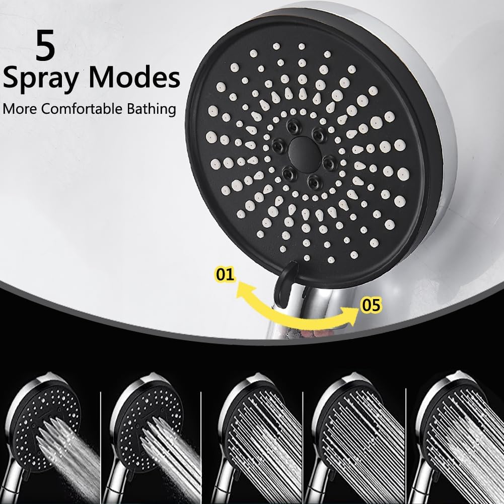 Pommeau de douche avec filtre économiseur d'eau, pommeau de douche anticalcaire haute pression, 5 types de jet, noir - 2