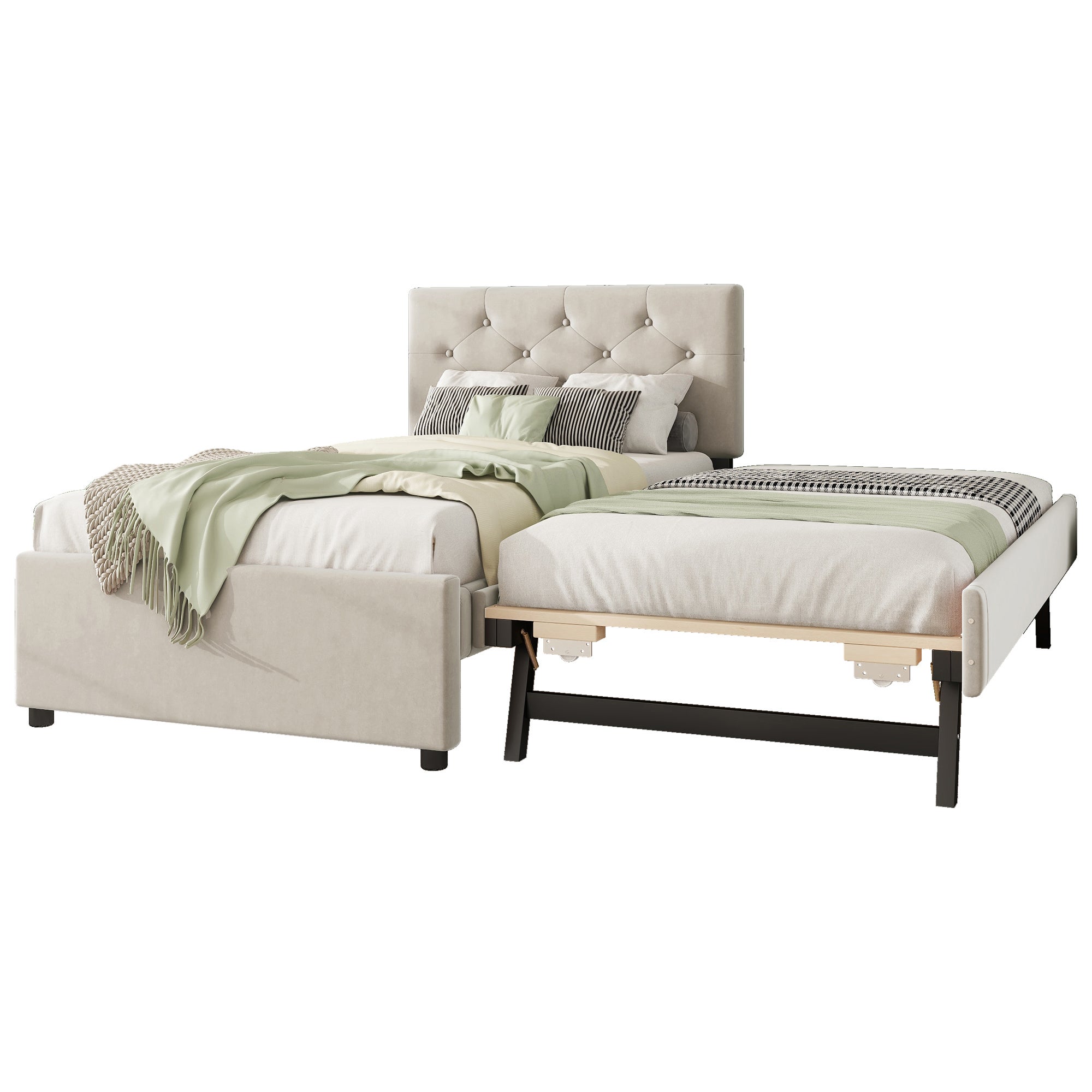 Lit simple 90x200cm en velours - avec un lit gigogne - avec sommier à lattes - Beige (matelas non inclus) - 4