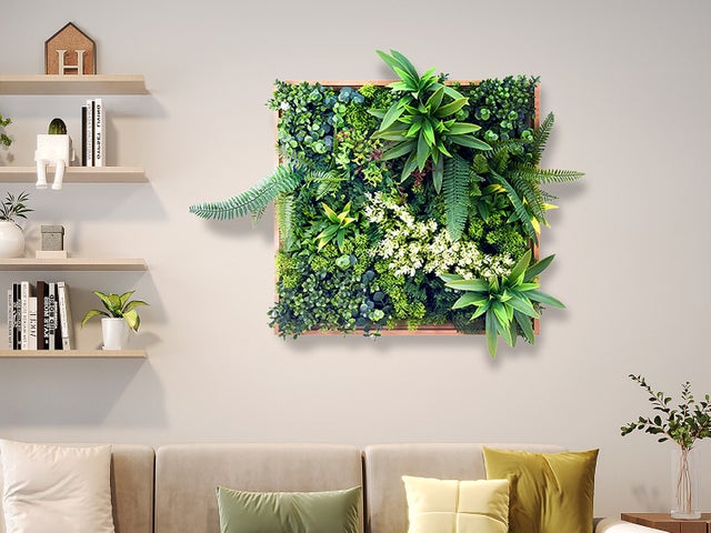 Tableau végétal synthétique 55 x 55 cm- Cadre naturel, feuillage vert - LOVARK