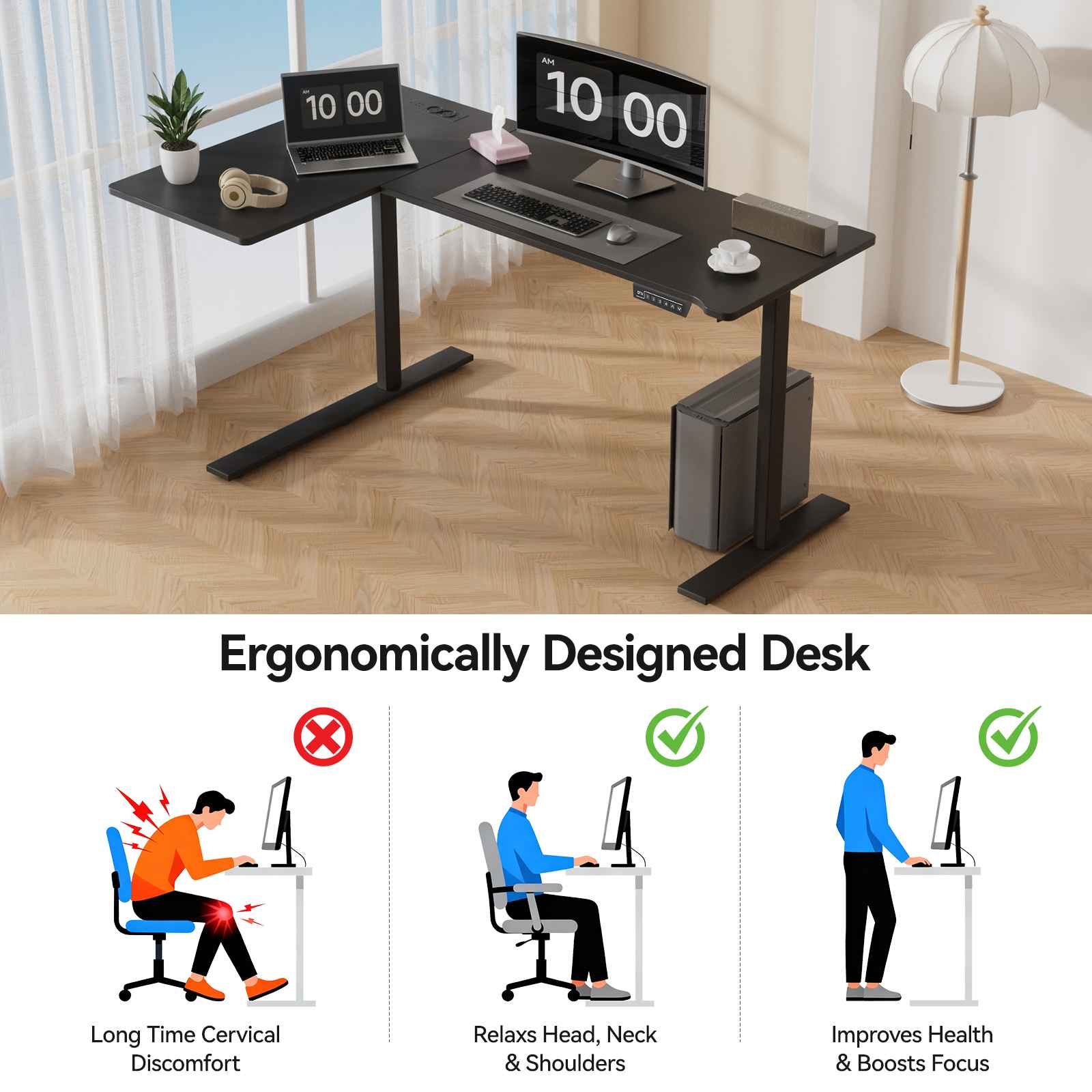 Bureau debout en L avec prises, bureau d’angle électrique réglable en hauteur avec support écran, bureau ergonomique maison pour travail et gaming - 8