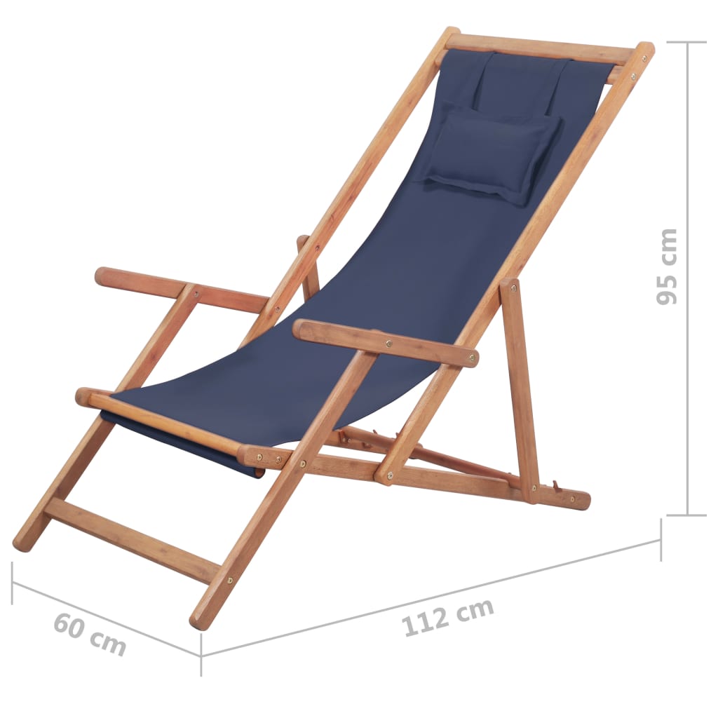 vidaXL Silla de playa plegable de tela y estructura de madera azul - 3