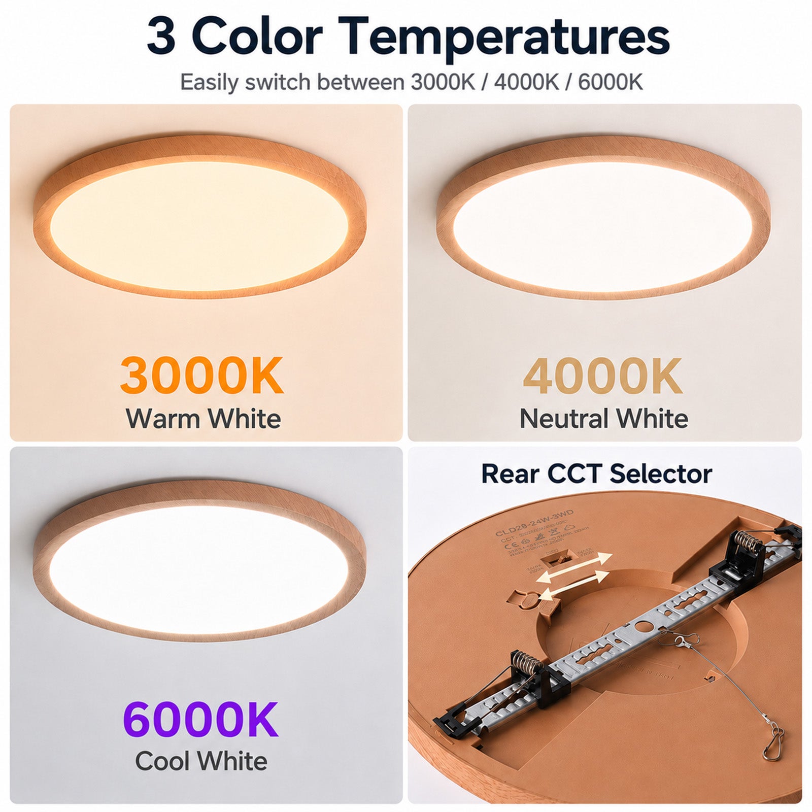 Plafonnier LED Rond Ø300 mm 24W IP44 encastré/surface effet bois, CCT 3000K-4000K-6000K, découpe réglable Ø65-270 mm, design ultra-fin 17 mm. - 6