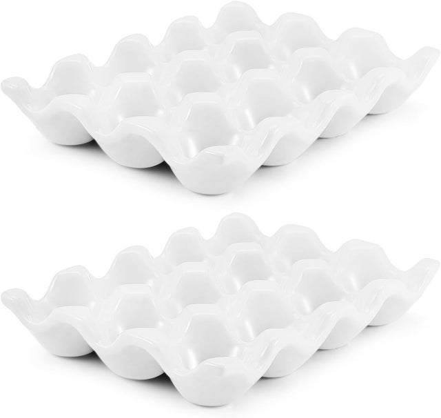 Juego de 2 hueveras de cerámica (blancas) para 12 tazas – Bandeja de porcelana para huevos – Soporte decorativo para refrigerador o mostrador de exhib