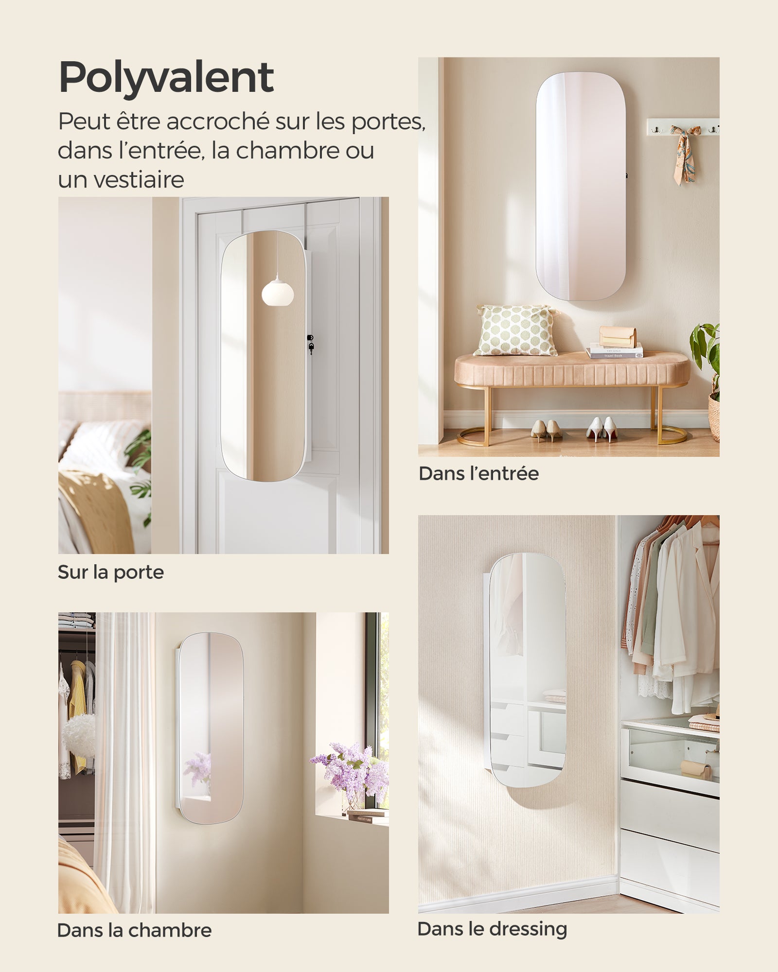 Armoire à Bijoux, Miroir Mural avec LED et Serrure, Surface Blanche et Doublure Grise Beige - 6