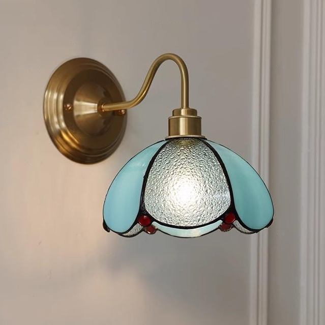 Kinkiet, lampka nocna w stylu vintage, mosiężna lampa ścienna z kloszem szklanym, lampa ścienna wewnętrzna z żarówką, ciepłe światło 3000K - 4