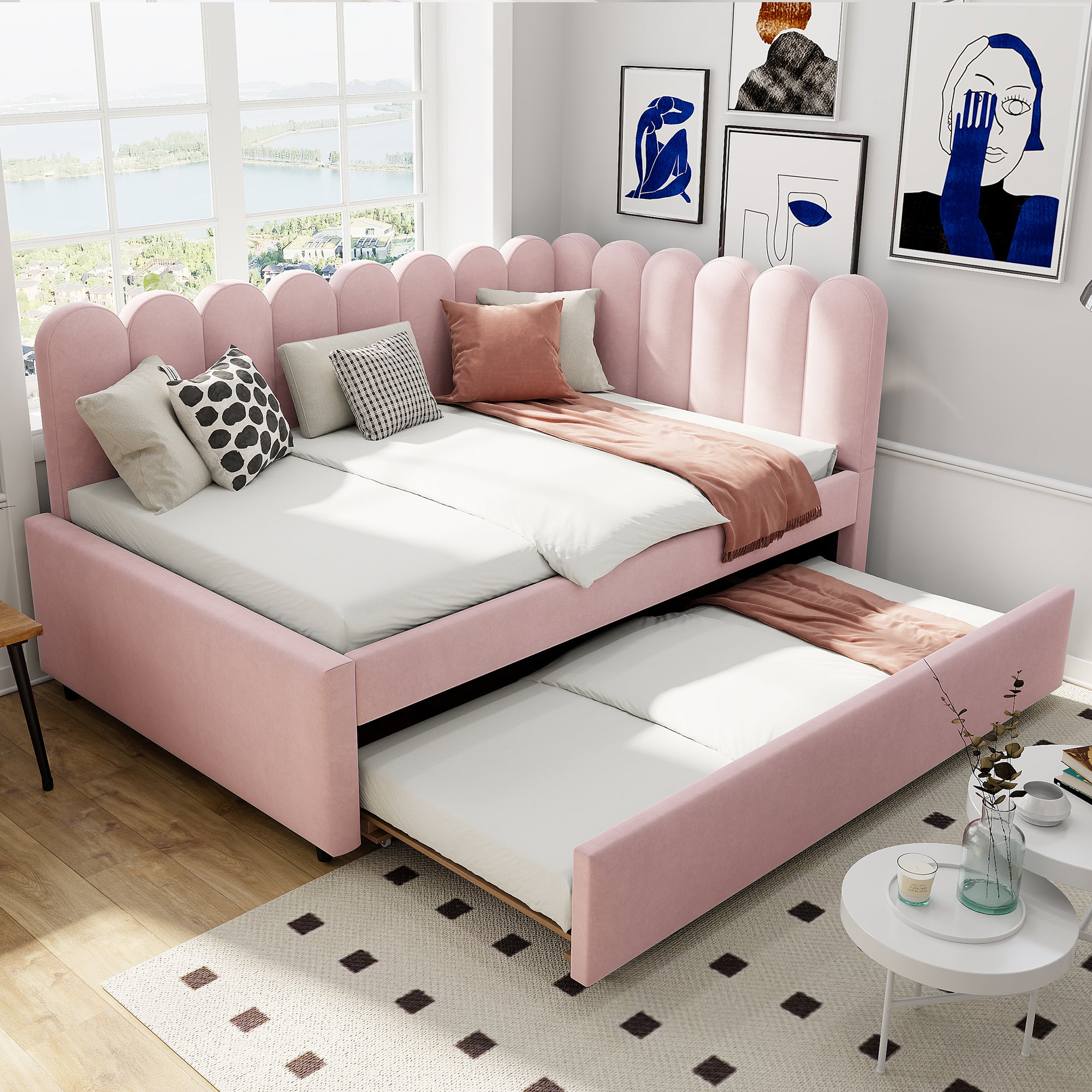 Łóżko wysuwane 140 x 200 cm + 90 x 190 cm z wezgłowiem i oparciem w kwiaty, sofa rozkładana - Velvet - Różowy (Bez materaca)