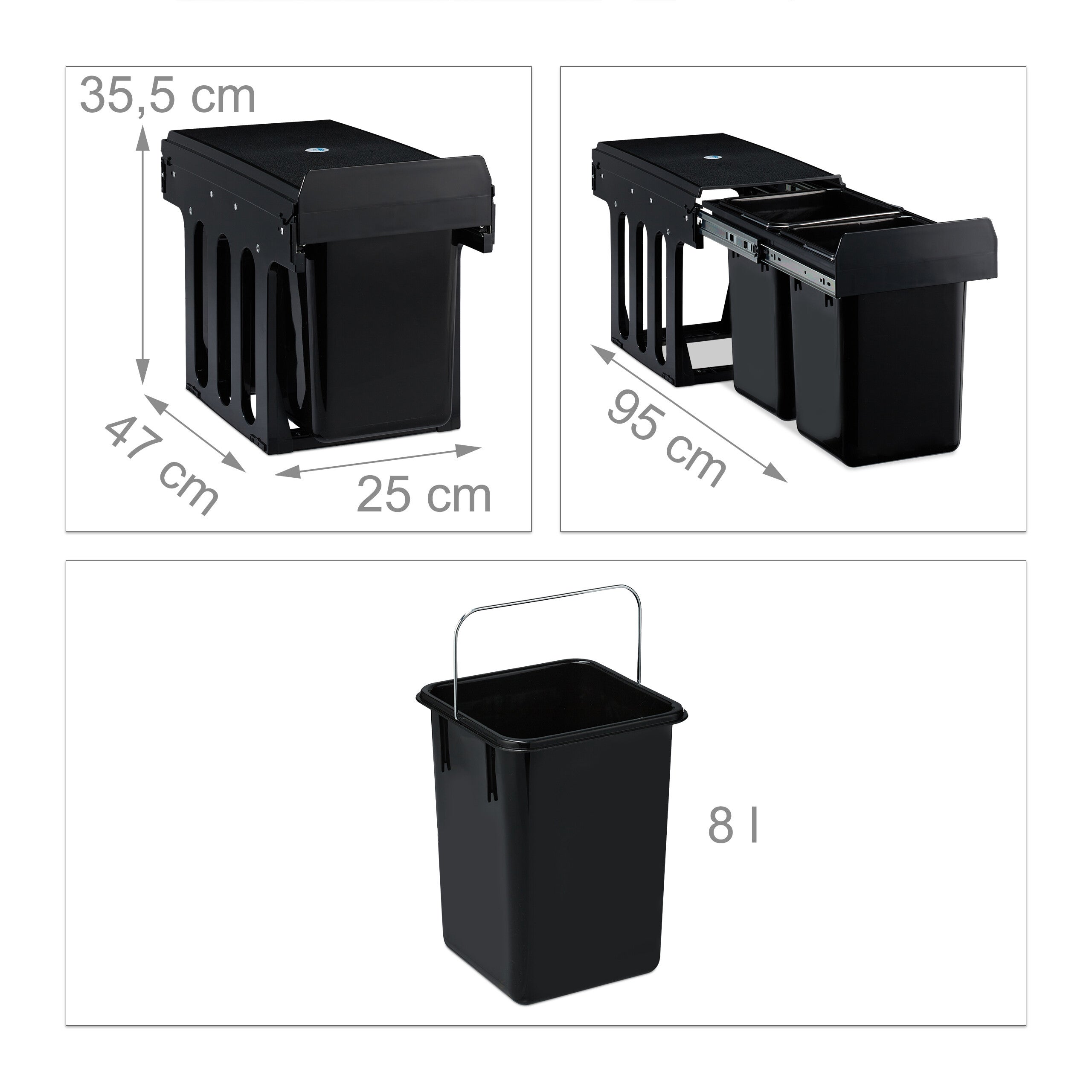 poubelle encastrable coulissante, 2 bacs, système de trie pour le sous-évier, 2x8 l, 35,5 x 25 x 47 cm, noir, Relaxdays - 4