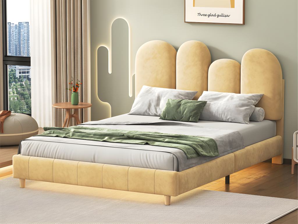 Lit Enfant 140x200 Cm Pieds Métal Tête De Lit Incurvée Sans Matelas Velours Rose