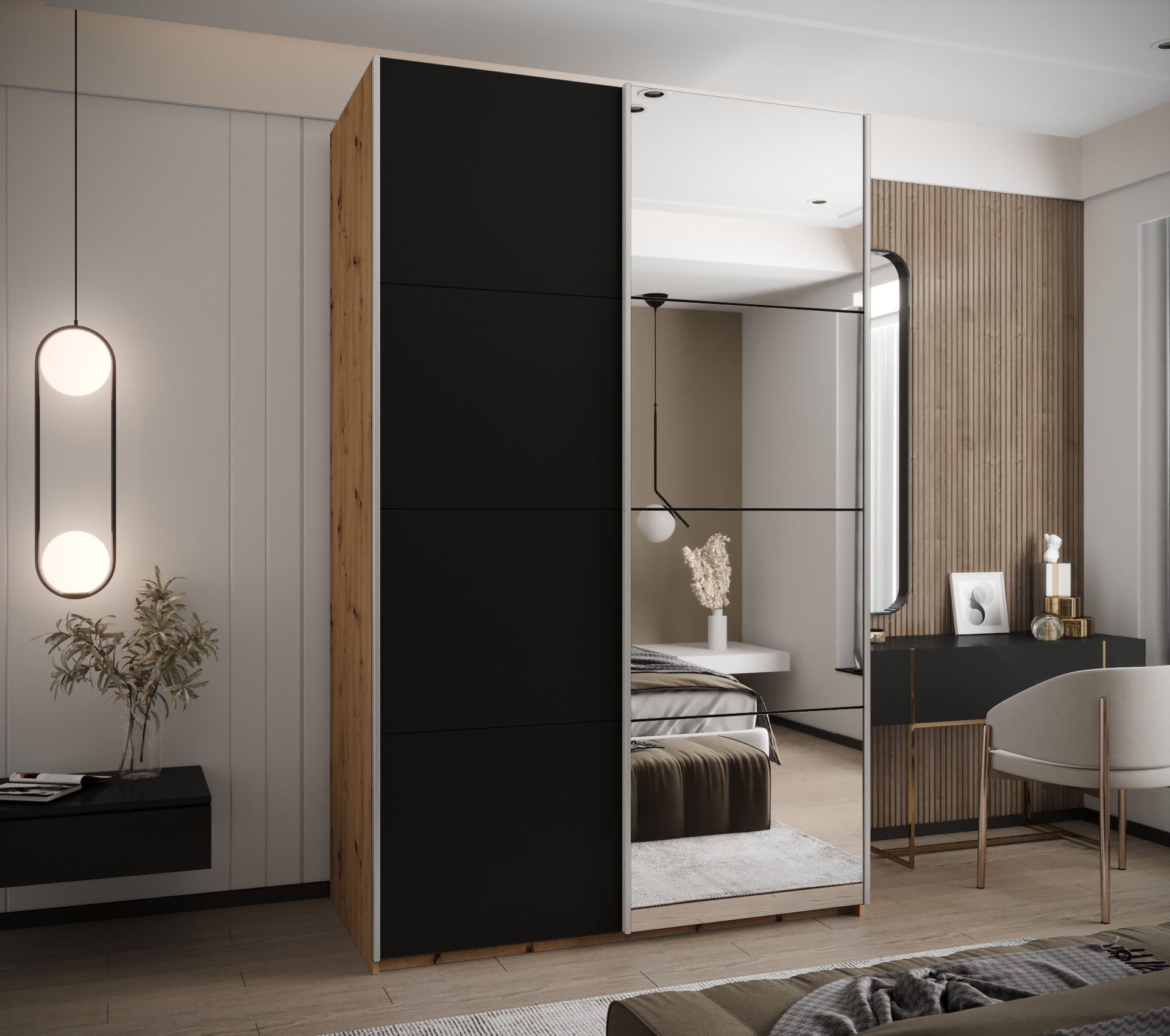 Szafa przesuwna wysoka Lux 3 160 x 64 x 245,5 cm artisan + czarny + u. srebrny - Abiks Meble - 2