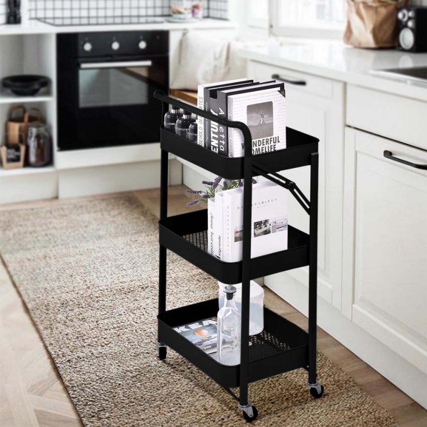 Carrello Pieghevole A 3 Ripiani | Con Ruote | Nero | Per Cucina, Bagno, Ufficio | Risparmio Spazio - Foto 14