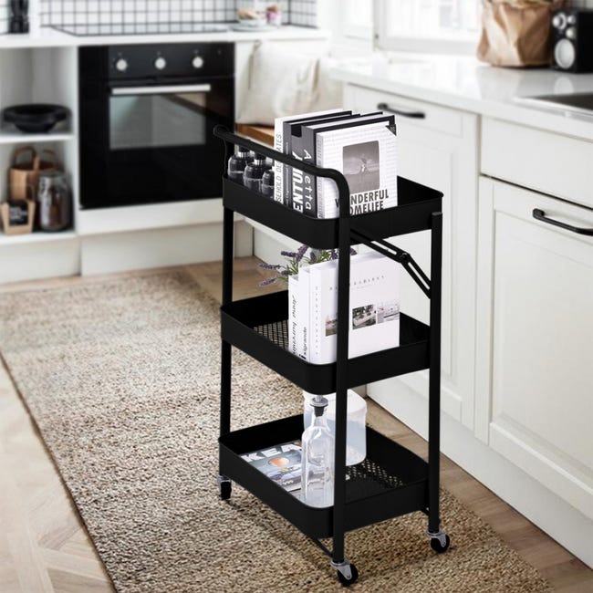 Carrello Pieghevole A 3 Ripiani | Con Ruote | Nero | Per Cucina, Bagno, Ufficio | Risparmio Spazio - Foto 14