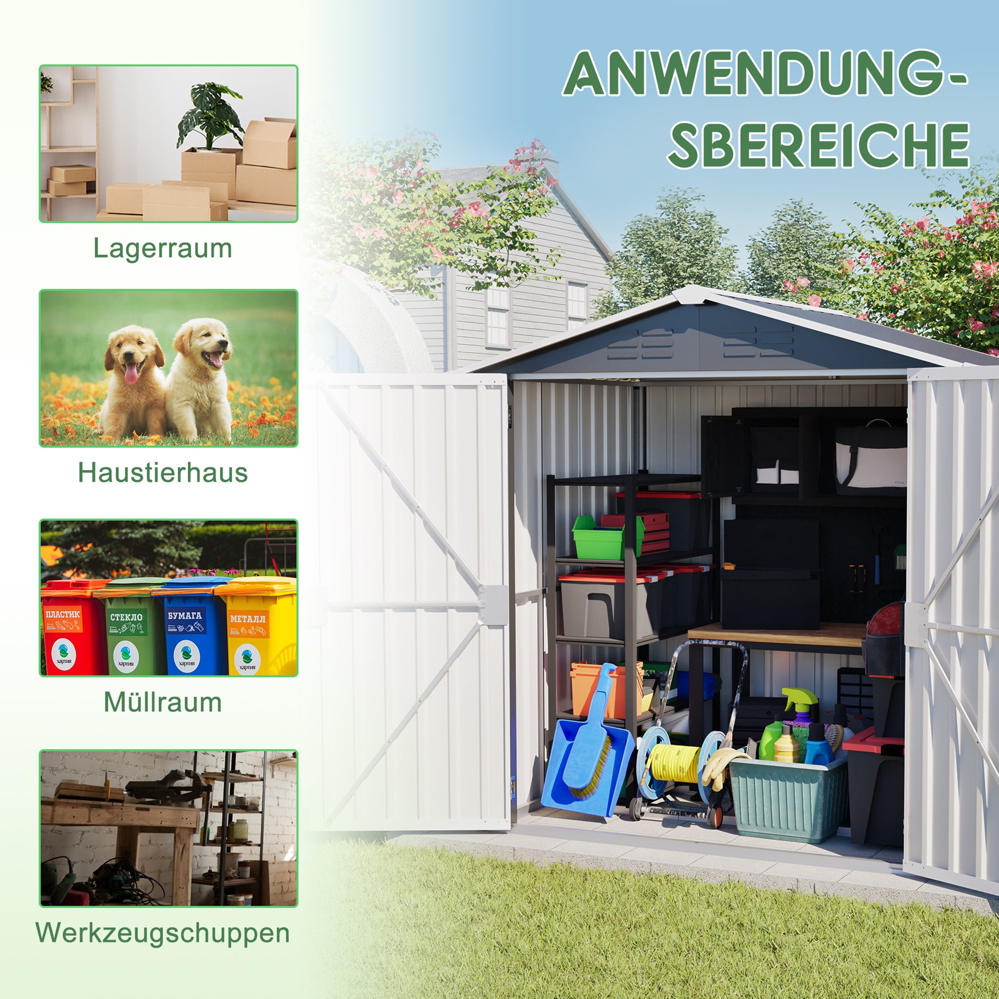 Abri de jardin métal avec fondement inclus, cabane à outils 142x185cm porte verrouillable, abri de stockage extérieur étanche, 142x185x189cm, Gris - 5