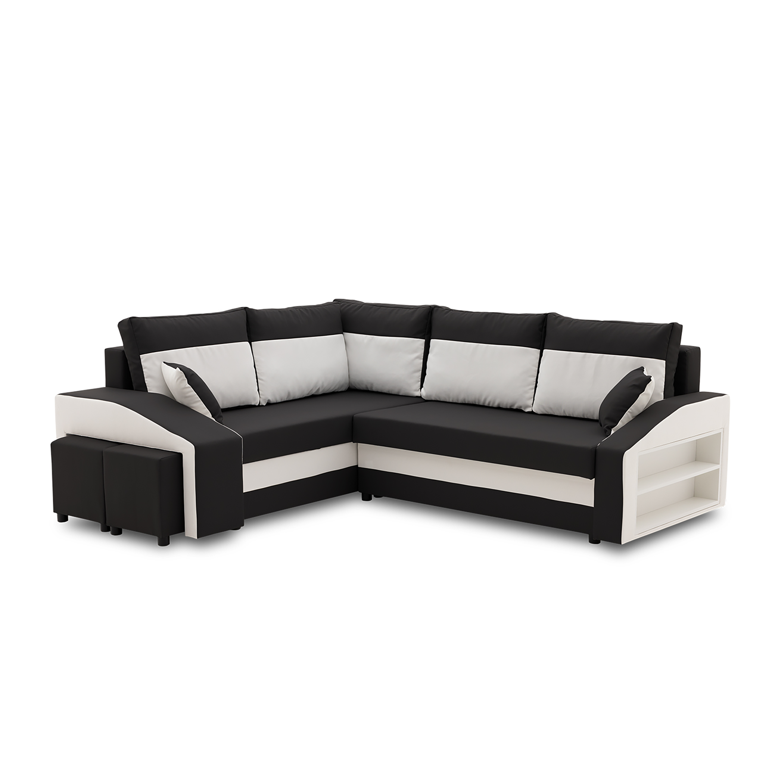 Narożnik, lewy, półka, pufy w lewym, LUSSO, 254x179x82 cm, czarny, biały | TYLETEGOTU