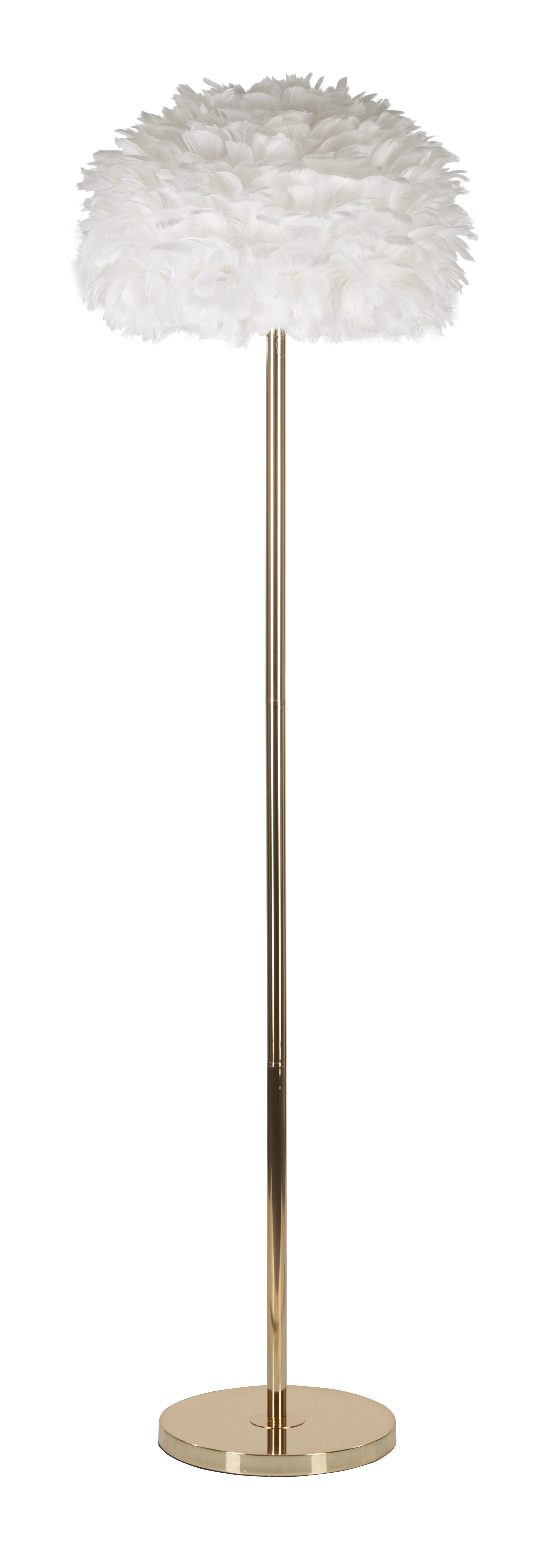 Smukła, biało-złota lampa stojąca z piórami, Ø 43 cm, klosz z syntetycznych piór, metal i plastik, wysokość 170 cm, elegancki i nowoczesny design.