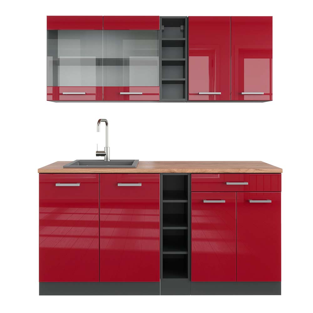 Vicco Pojedyncza kuchnia R-Line, Czerwony wysoki połysk/antracyt, 160 cm , BP Dąb