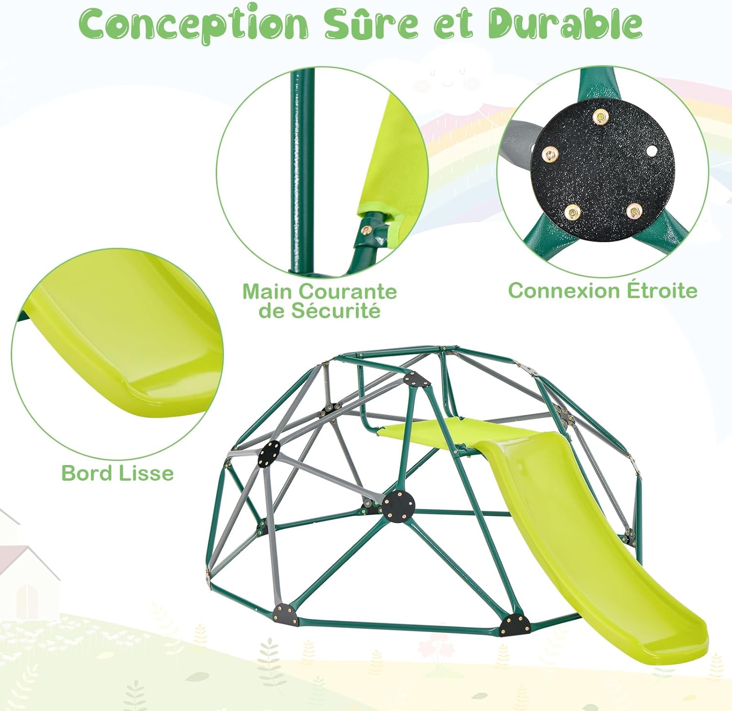 Ensemble 2 en 1 de Dôme d'escalade et Toboggan, Échelle à Grimper Géométrique en Métal Stable avec Charge 150KG, Aire de Jeux (Vert+Gris) - 4