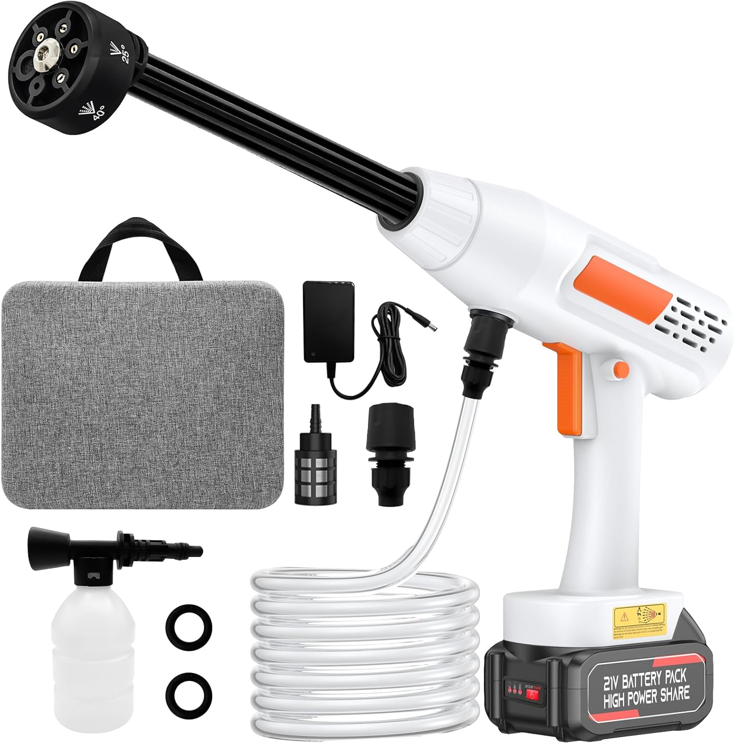 Idropulitrice A Batteria 60 Bar Senza Fili | 2 Batterie 20000 MAh, Autonomia Ultra, Ugello 6 In 1 E Tubo 5m Per Auto E Giardino