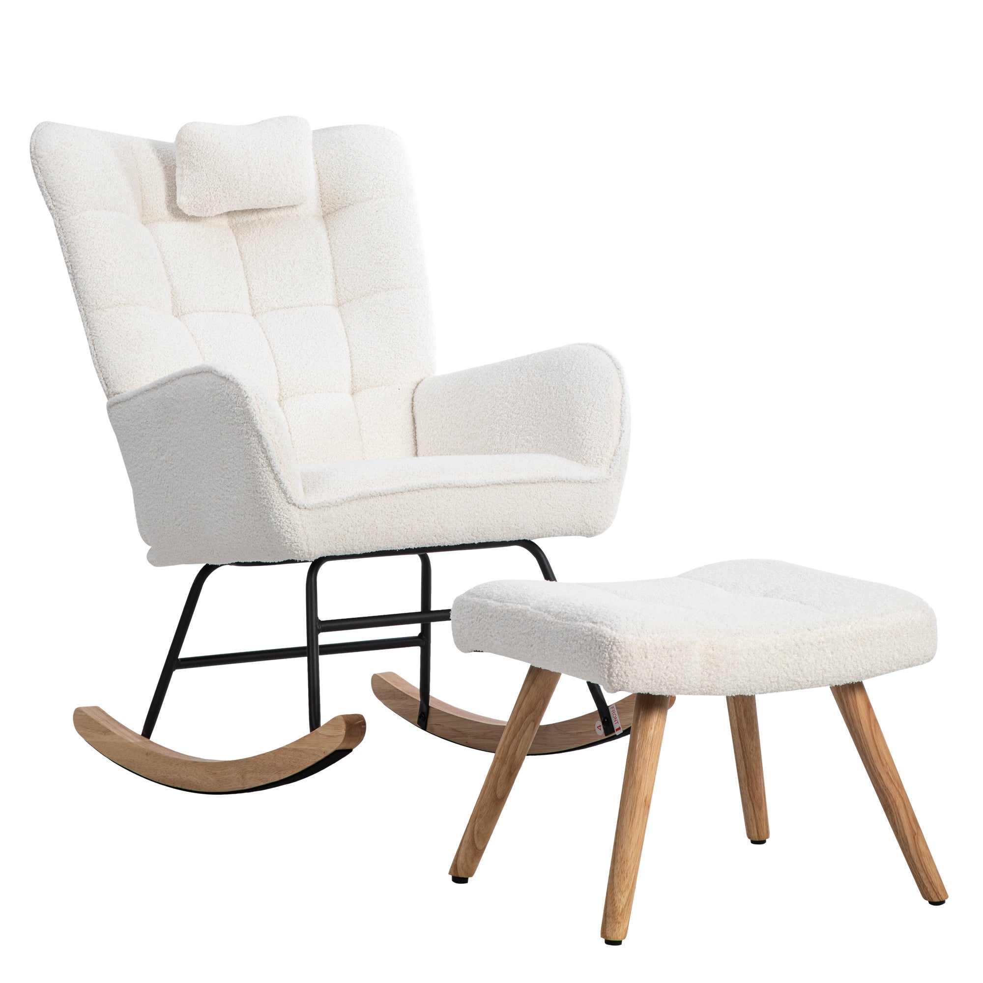 Fauteuil à bascule Rocking chair en tissu bouclette - avec oreiller et repose-pieds - Blanc - 8