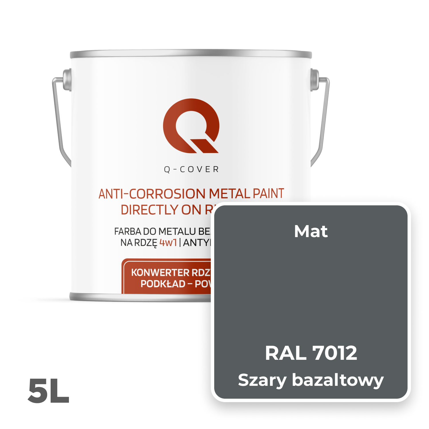 Farba do Metalu Prosto na Rdzę 4w1 Q-Cover Szary bazaltowy RAL7012 Mat 5L - 2
