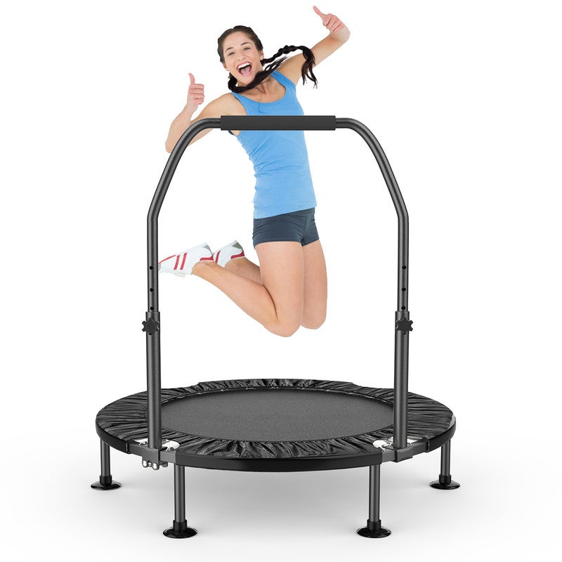 Składana trampolina, mini trampolina fitness RATTANTREE, regulowany uchwyt, odpowiednia do cichych ćwiczeń w pomieszczeniach, czarna