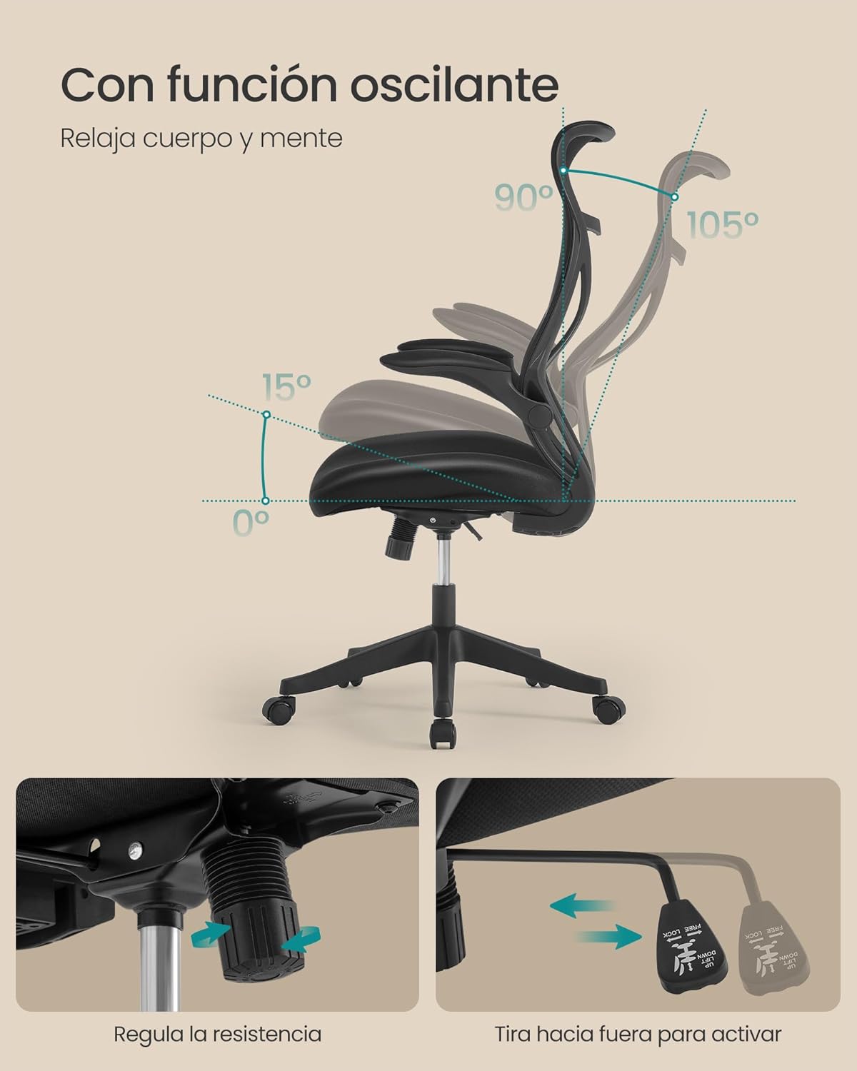 Silla Ergonómico de Oficina, Altura Ajustable, Reposabrazos Plegables, Silla Giratoria con Reposacabezas, Carga de 150 kg, Negro Tinta - 5