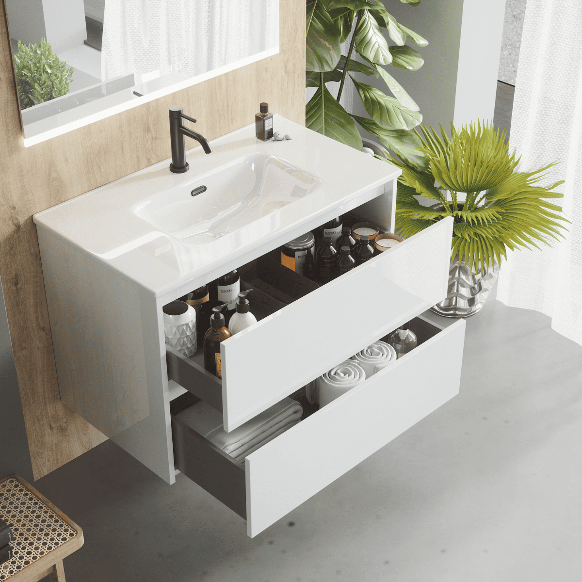 Armário de Banheiro Suspenso com Pia de Cerâmica| 2 Gavetas | 60 cm Branco brilhante - 3