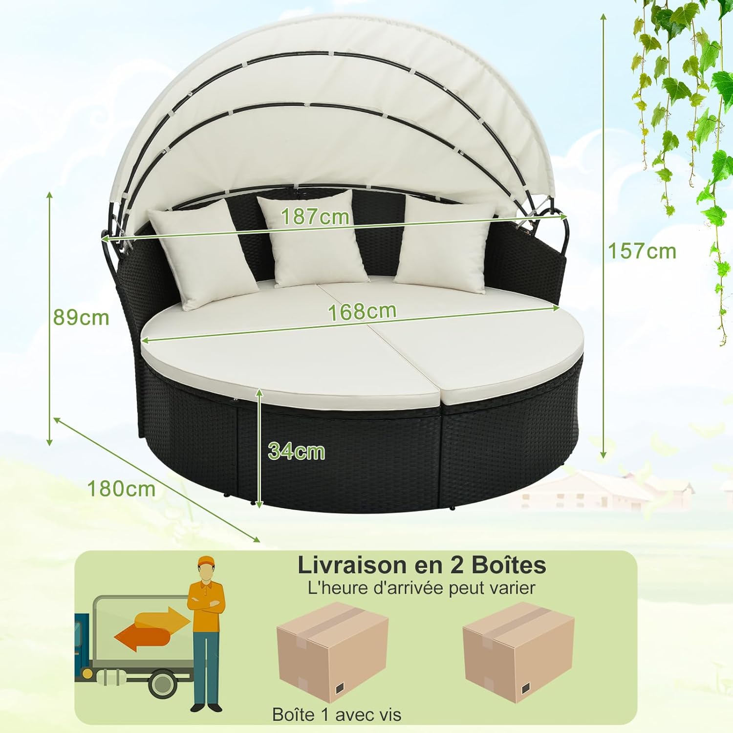 GIANTEX Lit de Jardin Rond en Rotin PE avec Auvent Rétractable, avec Coussins et Oreillers Amovibles Charge 360KG,pour Jardin Porche,Blanc - 2
