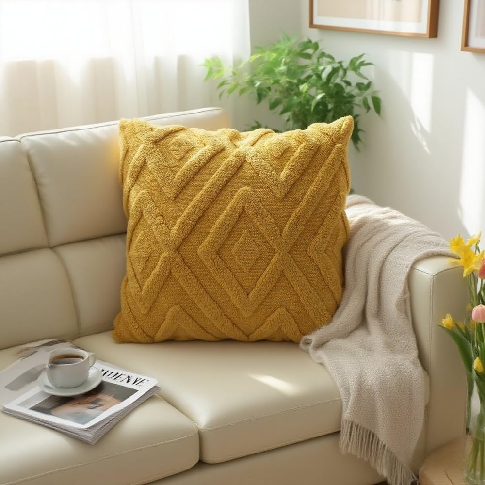 Housse de coussin jaune - motif à carreaux doux, style bohème - convient pour le salon, la chambre, etc. - Lot de 2, 50×50 cm - 7