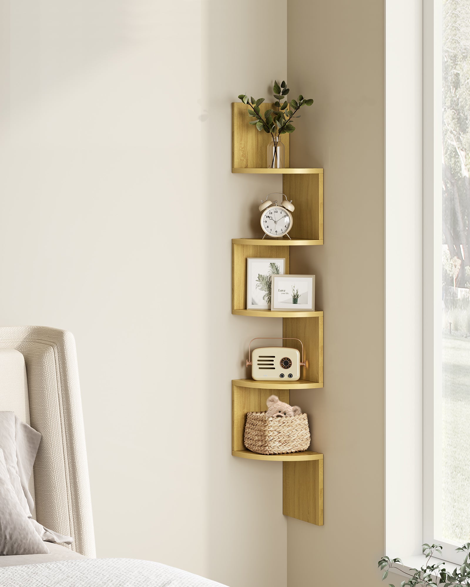 Librería esquinera, estantería esquinera de Pared, estantería de Pared con 5 estantes, para Dormitorio, salón, baño, Roble Natural - 3