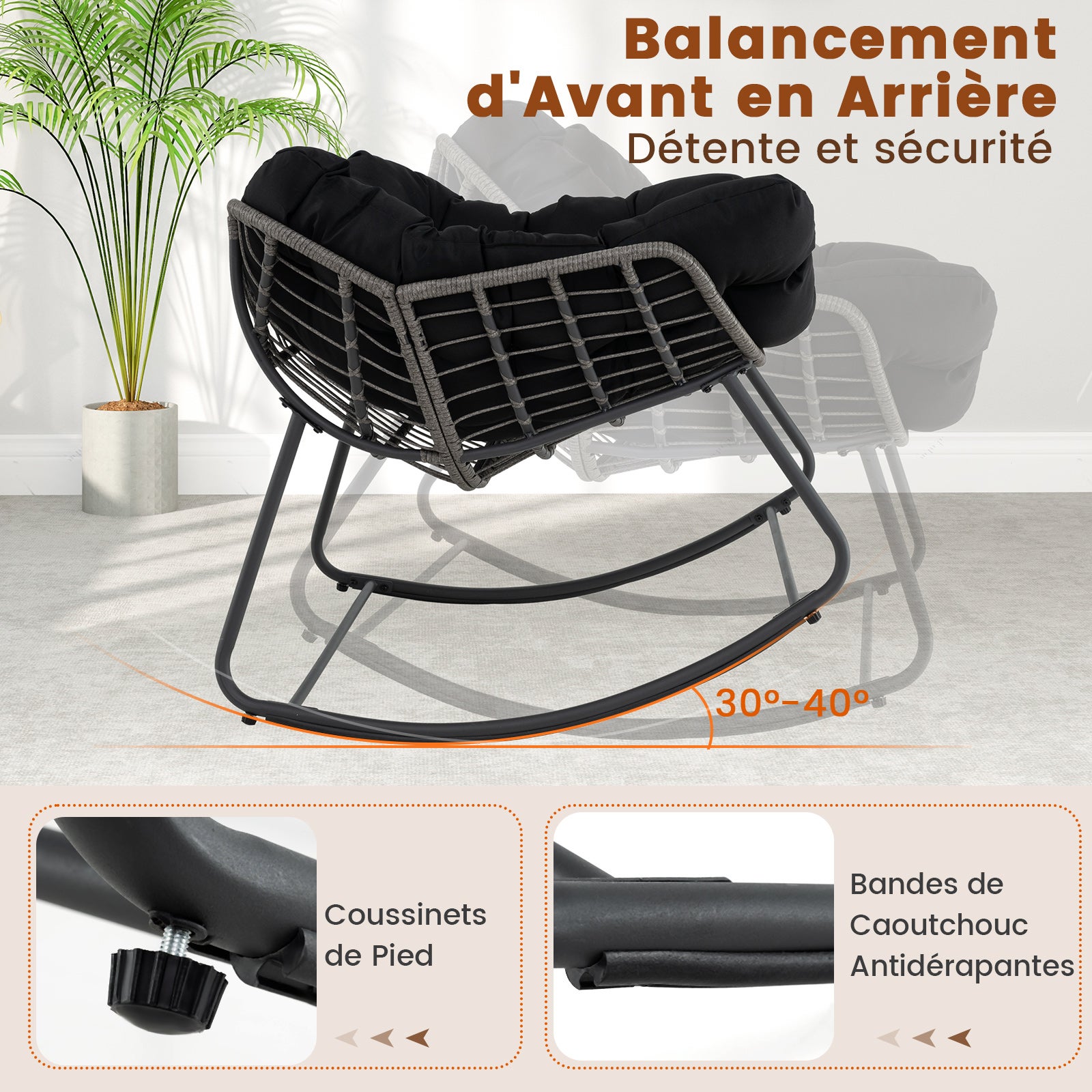 Fauteuil à Bascule d'Extérieur, Fauteuil Œuf Surdimensionné en Osier PE avec Coussin Épais Amovible, 98 x 98 x 87 cm, Charge 150 kg, Noir - 4