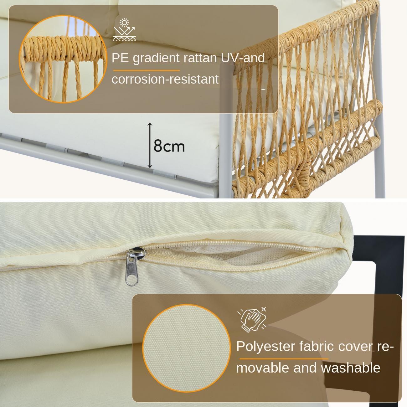 Ensemble de Jardin 7 Places avec Canapé, Table Basse en Verre Trempé, PE-Rattan et Structure Acier Zincé, Coussins Amovibles et Lavables - 7