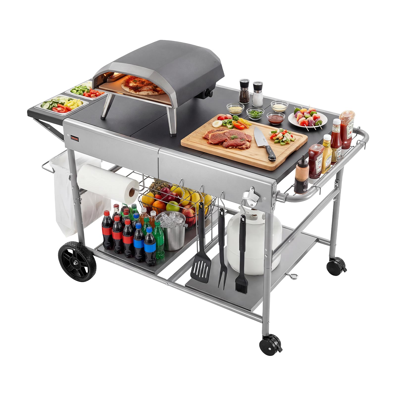 Măsuță de grădină VEVOR pentru plancha, cărucior pentru grătar 136x76x79 cm, pentru pregătirea mâncării la grătar, picnicuri, terasă și exterior