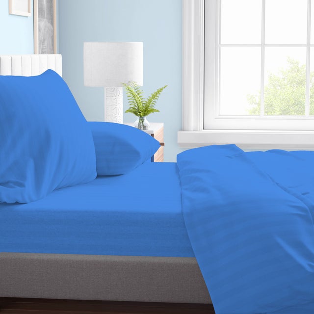 Ensemble de draps doubles en microfibre, bleu clair, satiné rayé, sans repassage, 2 carrés