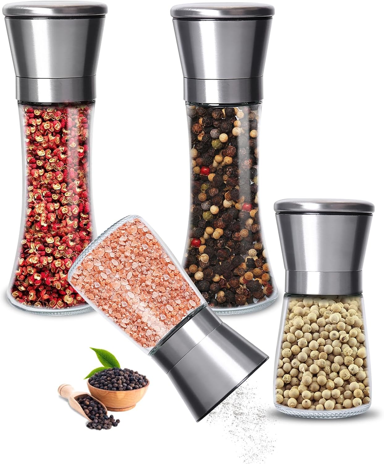 Juego de 4 molinillos de sal y pimienta, acero inoxidable, vidrio, muela de cerámica, molinillo de especias ajustable, salero y pimentero, molinillo