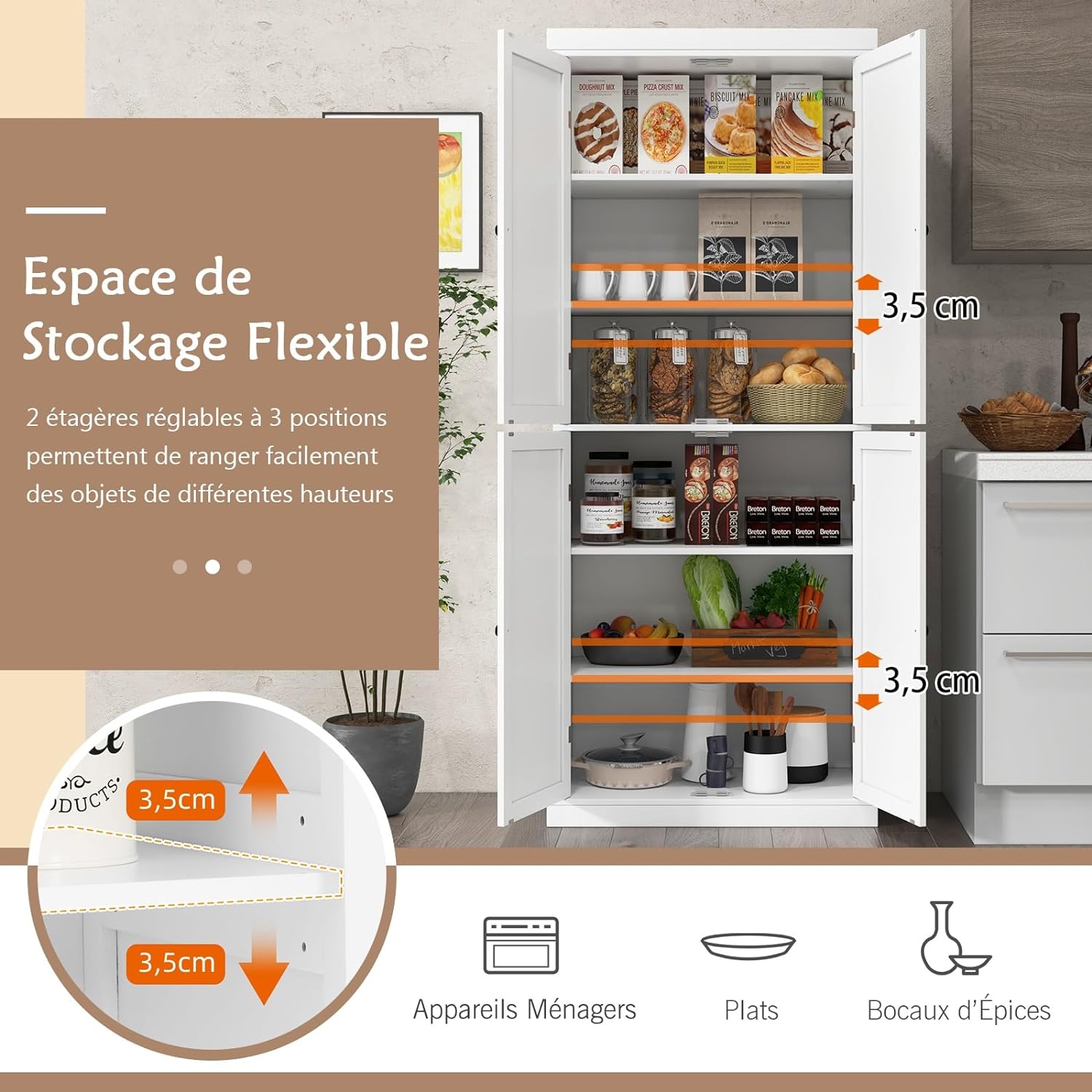 Armario Alto de Cocina Con 4 Puertas y 6 Estantes Ajustables, de Despensa, Buffet, Baño y Almacenamiento Para Cocina, Salón, Color Blanco - 5