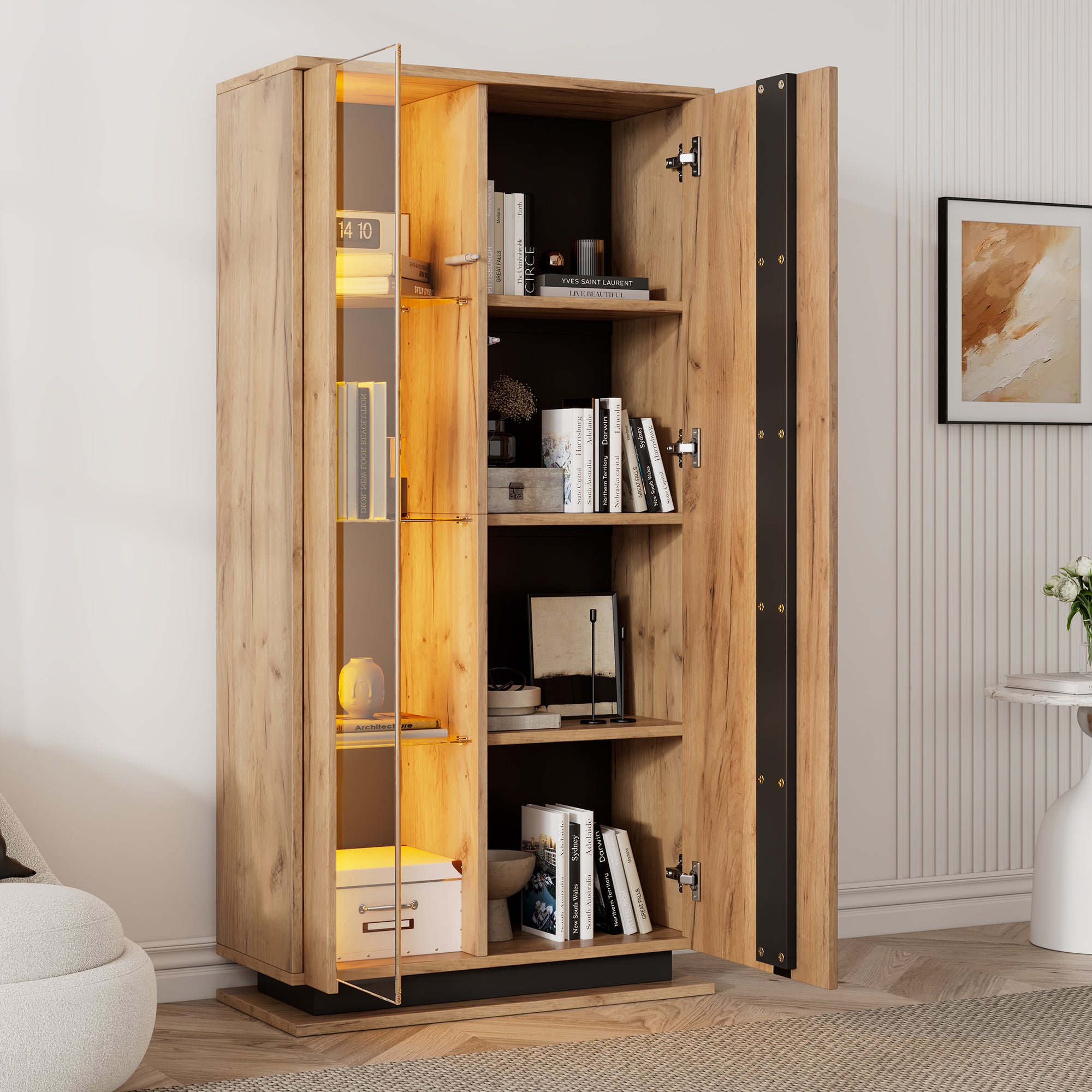 Vitrine avec 2 portes et 8 étagères - 80 x 35 x 160 cm - LEDs - Panneau de particules et acrylique - Naturel - 3