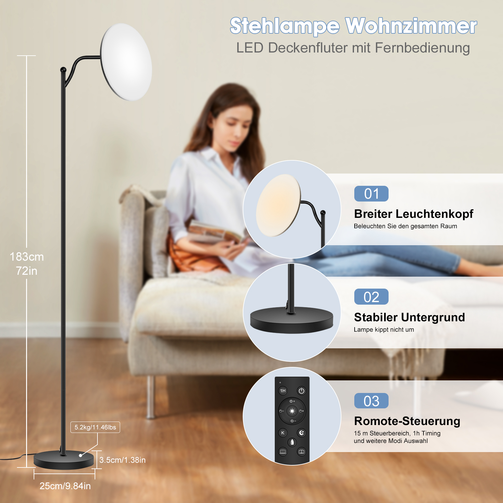 LOVHAUS Lampadaire LED 32W avec Télécommande, Lampadaire LED Dimmable avec Liseuse 2700K-6500K, Lampadaire Noir Moderne pour Chambre et Salon - 5