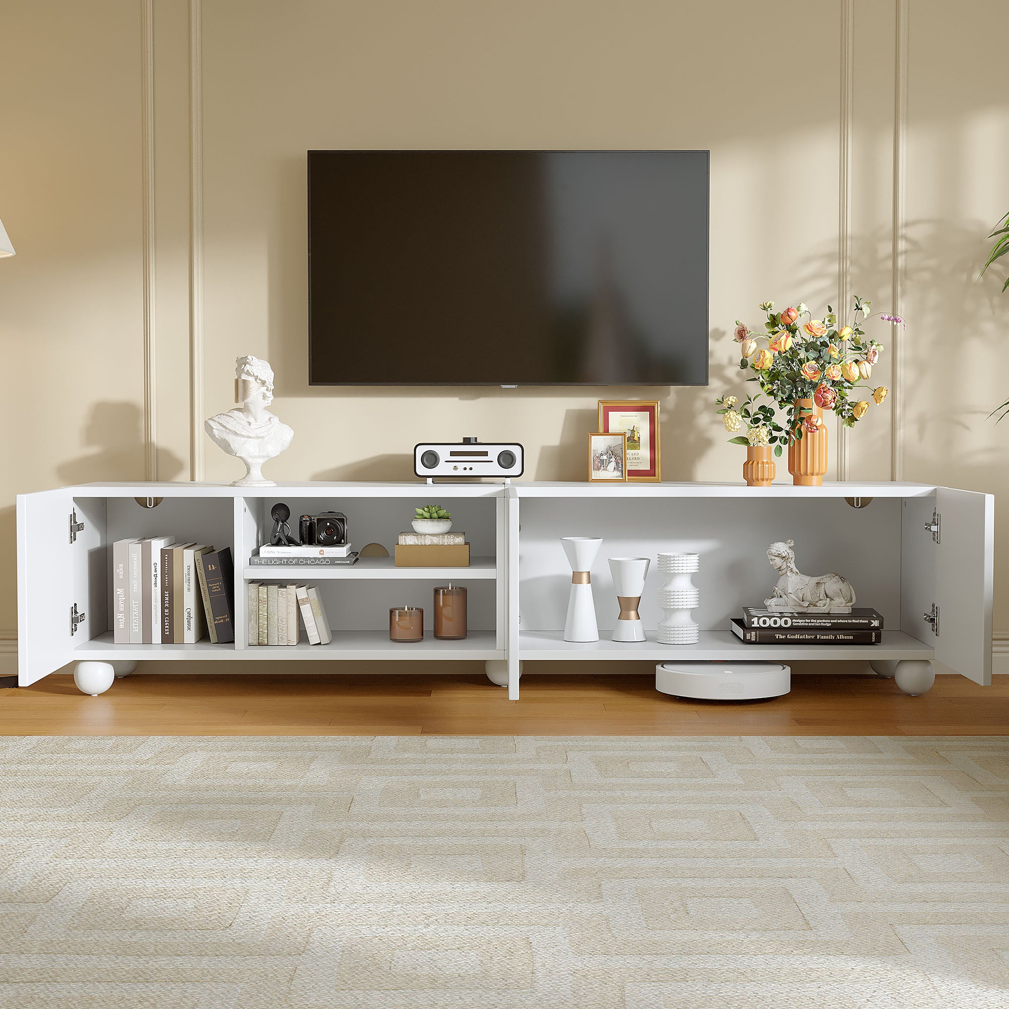 Meble TV 200x40x44 cm - 3 drzwi - Półotwarte przechowywanie - Nadrukowane drzwi - Płyta wiórowa - Biały